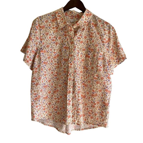 LL Bean Womens Floral Button Up Top Size M Beachy Vacation Organic Sustainable - Picture 1 of 11